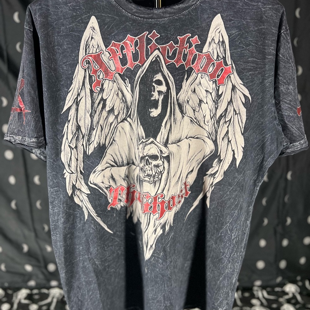 RARE Affliction Black Short Sleeve Tee with Gothic Reaper Design - “The Ghost”